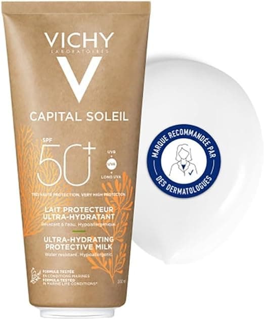 Vichy, Capital Soleil, Ultra-Moisturising Protective Milk, SPF50+, Very High Sun Protection, Sensitive Skin, Enriched with Hyaluronic Acid and Vichy Volcanic Water, Eco-Designed, 200 ml