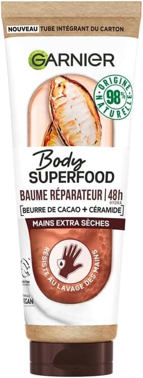 Garnier Body Superfood - Baume Mains Réparateur 48H au Beurre de Cacao & Céramide - Formule Vegan à 98% d'Ingrédients d'Origine Naturelle - Pour Mains Extra Sèches - 75 ml