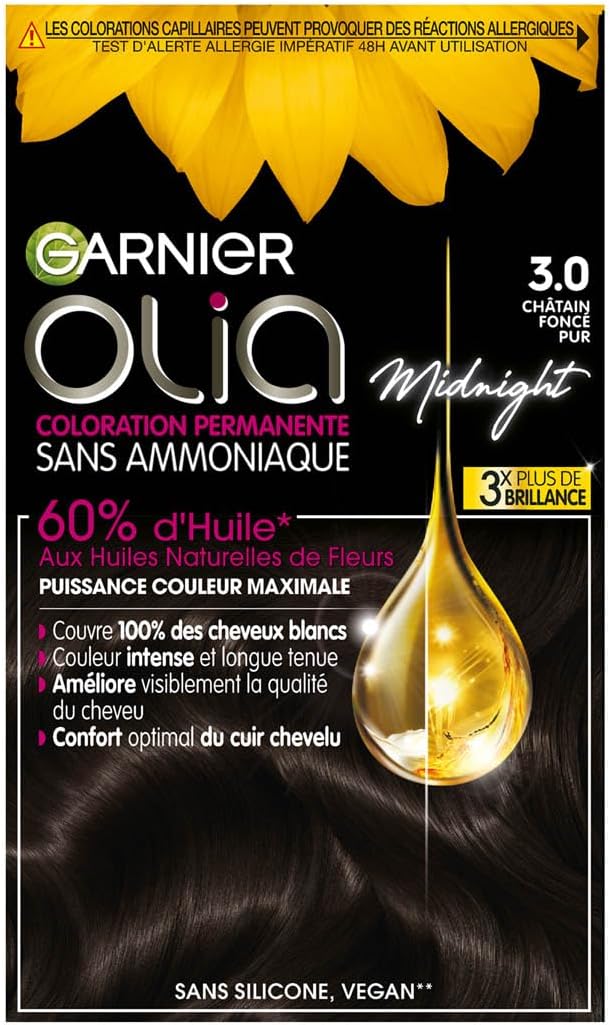 Garnier Coloration Permanente - Sans Ammoniaque - Aux Huiles Naturelles de Fleurs - Châtain Foncé Pur (3.0) - Olia - Image 1