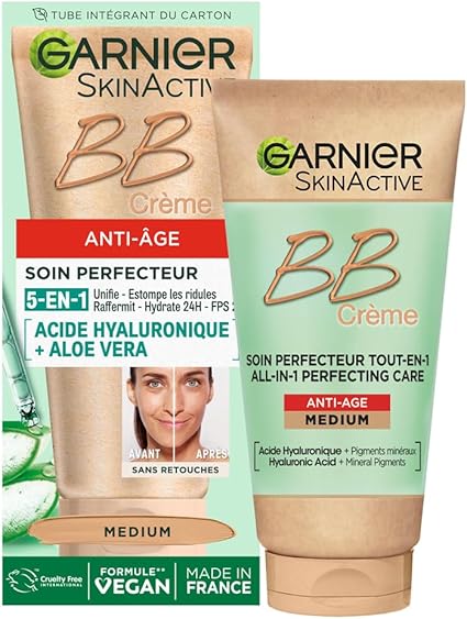 GARNIER Skin Active - BB Cream Anti-Aging - All-in-1 Perfecting Care - Firms & Hydrates - SPF 25 - Hyaluronic Acid & Aloe Vera - Vegan & Cruelty Free - All Skin Types - Medium Tint - 50 ml - Image 1