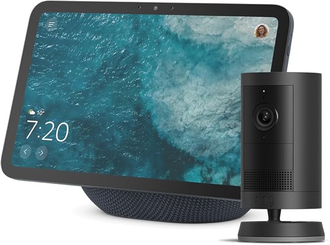 Echo Show 8, écran HD 8,7" couleurs vives, son spatial et Alexa, graphite avec Ring caméra extérieure Plus sans fil, vidéo grand angle 2K - Image 1