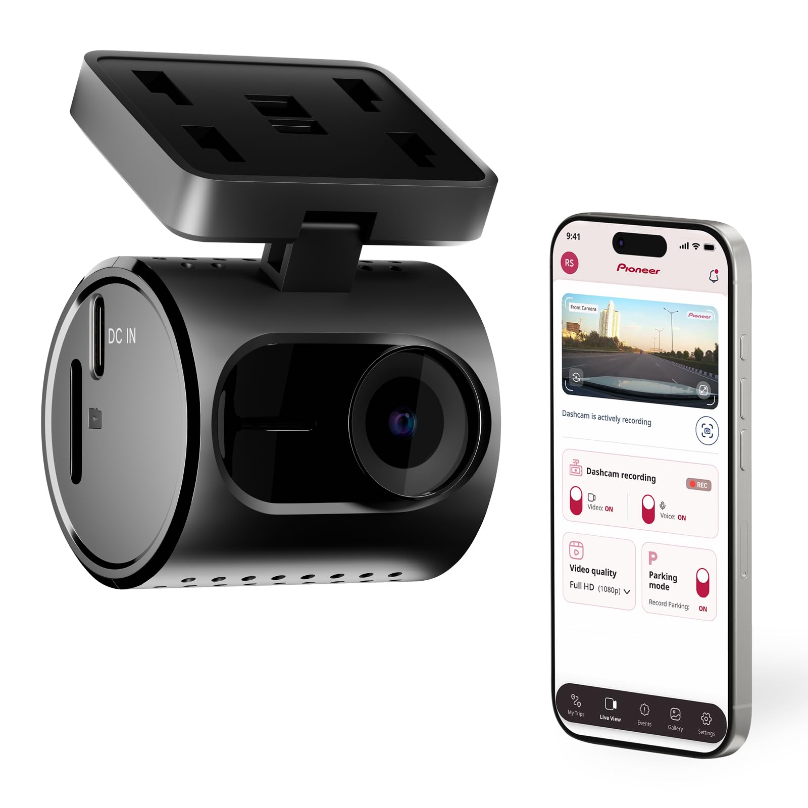 Pioneer VREC-H120SC Compact Car Dashboard Camera, 1.5K Resolution Discreet Car Camera with Impact Detection, 120 Degree Wide Angle Coverage, Built-in WiFi, Companion App, USB-C - Image 1