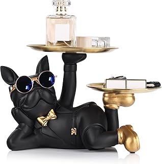 Black French Bulldog Statue with Tray, Butler Dog Sculpture for Home Decoration, Living Room, Dining Table (Black) - Image 1