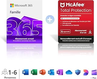 Microsoft 365 Famille | 6 utilisateurs | 12 Mois | Applications Office et stockage cloud | Renouvellement 129,99€ + McAfee Total Protection | Renouvellement 108,10€ | Renouvellement automatique Amazon - Image 1