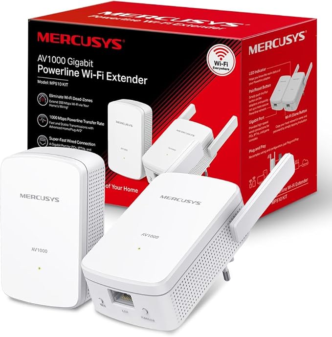 MERCUSYS MP510 KIT TP-Link Powerline 1000Mbps WiFi Network Adapter CPL, WiFi N300Mbps, Homeplug AV2 1000Mbps, PLC Box, Plug and Play, Gigabit Ethernet Port, OneMesh, Powerline Fiber - Image 1