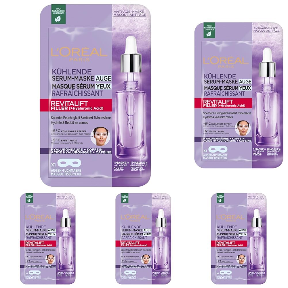L'Oréal Paris - Eye Serum Tissue Mask - Moisturizing Anti-Wrinkle & Concealer for Eye Contour - With Pure Hyaluronic Acid and Caffeine - Revitalift Filler - 11g (Pack of 5) - Image 1