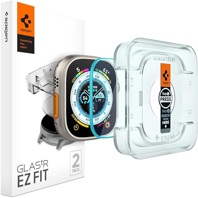 Spigen Glas.tR EZ Fit Screen Protector for Apple Watch Ultra 3, Apple Watch Ultra 2, Apple Watch Ultra 1, 49 mm, 2 Pieces, Installation Kit, Scratch Resistant, Ultra Clear - Image 1