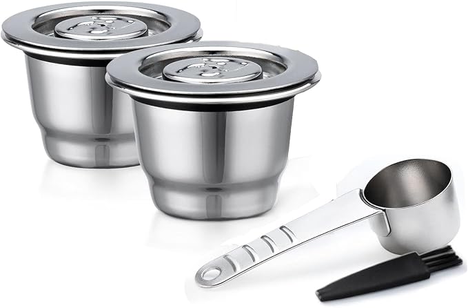 Reusable Stainless Steel Coffee Capsule for Nespresso - Refillable Filter with Spoon and Brush (2 Capsules) - Image 1