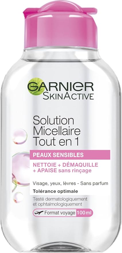 GARNIER Skin Active - All in 1 Micellar Solution - Cleanses, Removes Makeup, Soothes - Micelles and Vegetable Glycerin - Fragrance Free - Vegan & Cruelty Free - Face, Eyes, Lips - Sensitive Skin - 100 - Image 1