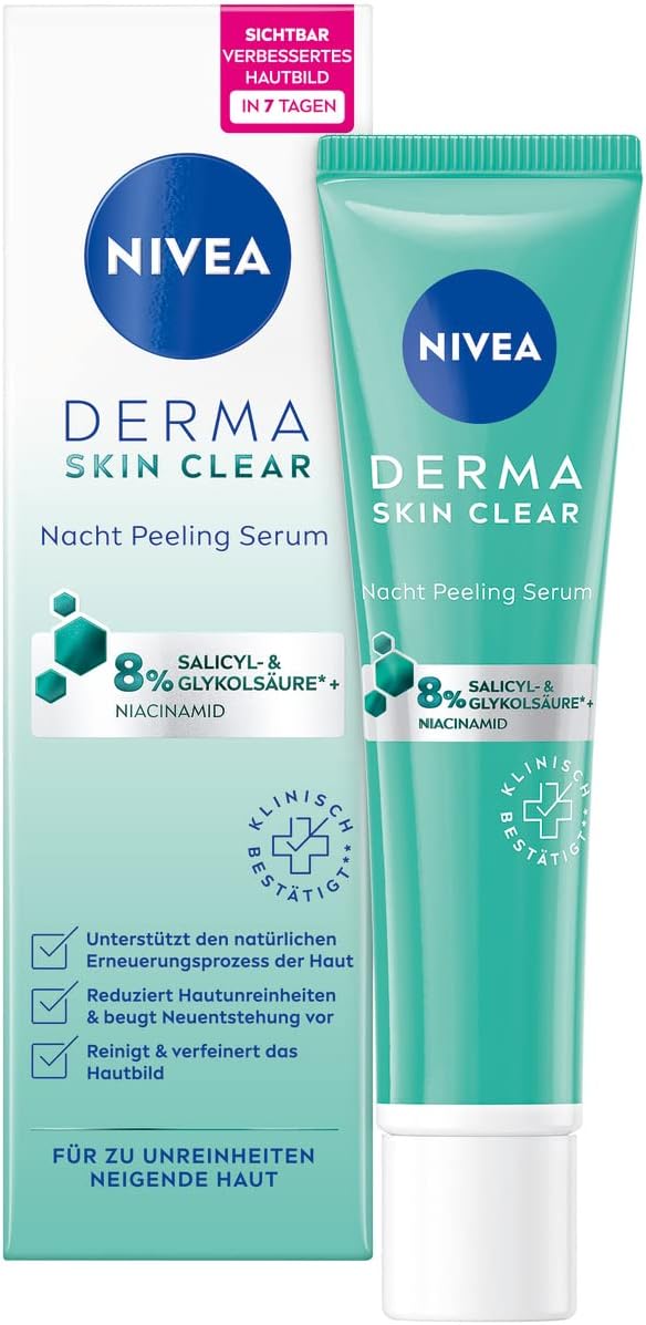 NIVEA Derma Skin Clear Night Exfoliating Serum (40ml), Blemish Remover Serum for Visibly Enhanced Complexion, Cleansing & Firming, Exfoliating BHA & AHA with Niacinamide - Image 1