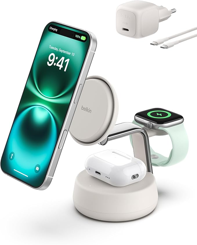 Belkin UltraCharge Pro 3 in 1 Qi2 25W Induction Charger, Charging Station for iPhone 17, iPhone Air, Apple Watch, AirPods, Pixelsnap, Compatible with MagSafe with Fan, 45W Charger – Beige - Image 1