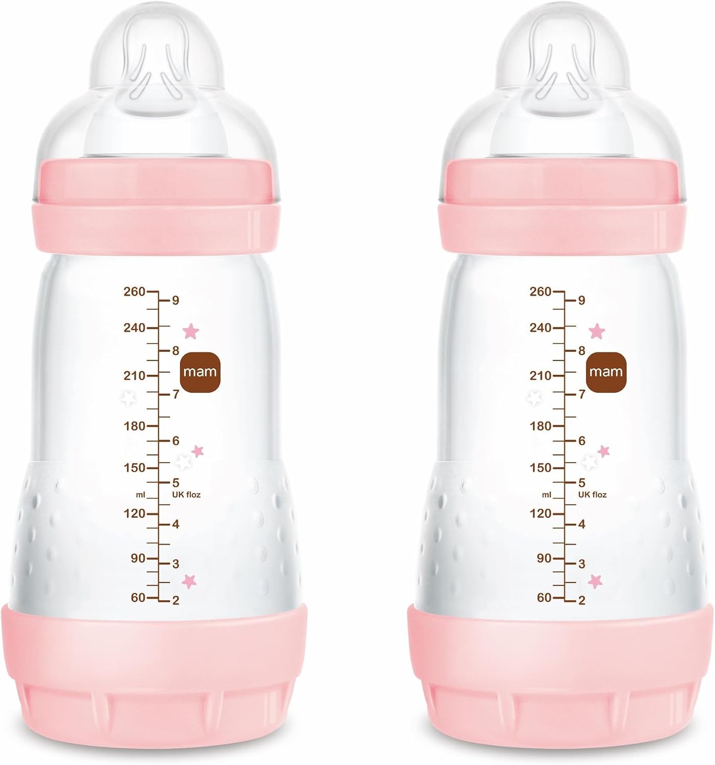 MAM Easy Start A138 Patented Anti-Colic Bottle with SkinsoftTM Silicone Teat for Babies from 2 Months, 2 Units, Self-Sterilising in 3 Minutes Pink 260 ml - Image 1