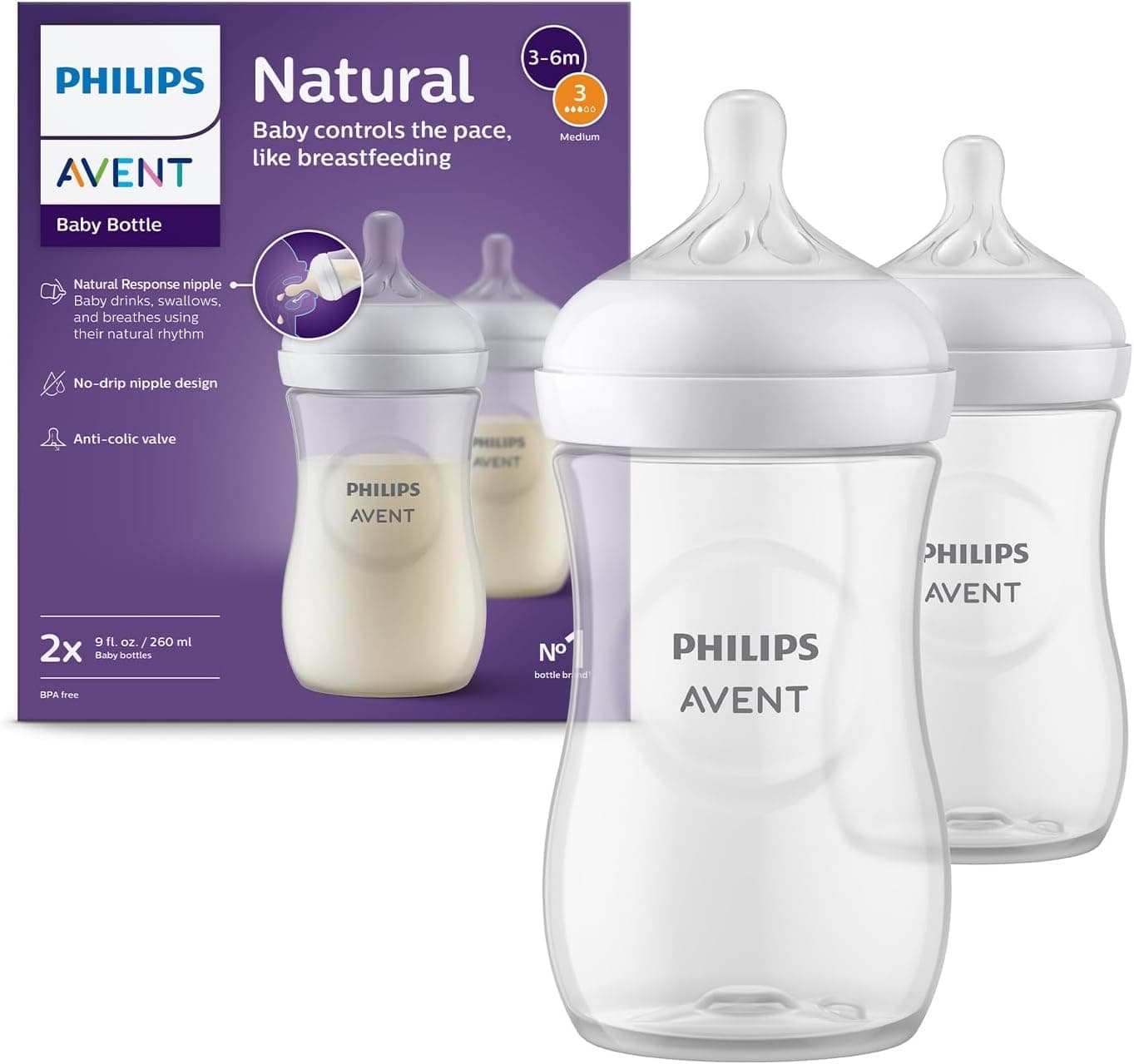 Philips Avent Lot de 2 biberons à Réponse Naturelle de 260 ml, sans BPA, pour les bébés de 1 mois et + (modèle SCY903/02)