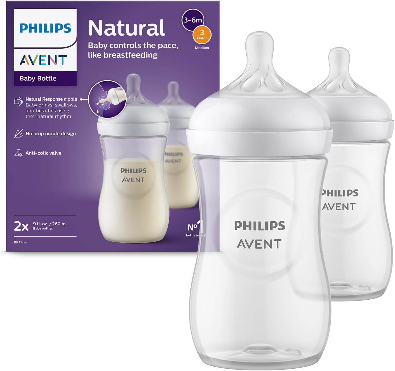 Philips Avent Lot de 2 biberons à Réponse Naturelle de 260 ml, sans BPA, pour les bébés de 1 mois et + (modèle SCY903/02) - Image 1