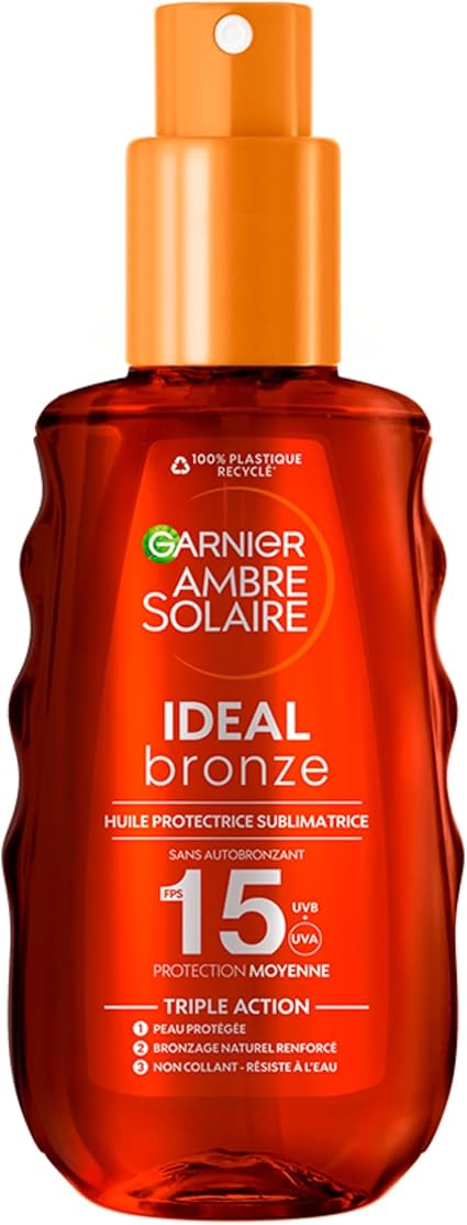 Garnier Ambre Solaire – Ideal Bronze – Enhancing Tan Protective Oil – SPF 15 Protection – Enriched with Vitamin E – Non-Greasy – Non-Sticky – All Skin Types – 150 ml - Image 1