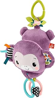Fisher-Price Jouet pour poussette Sing & Go Singe violet en peluche sensorielle avec plis et claquements pour nouveau-nés dès la naissance + - Image 1