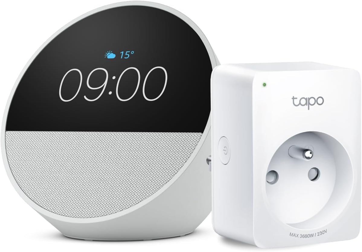 Echo Spot | Blanc + Tapo Matter Prise Connectée, Fonctionne avec Alexa - Kit de démarrage Maison connectée - Image 1