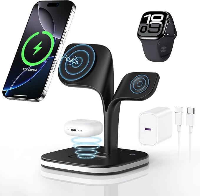 3 en 1 Chargeur Induction pour iPhone pour MagSafe Station de Charge sans Fil pour Apple iPhone 17 Air 16 15 14 13 12 Series, pour Apple Watch 11 10 9 8 7 6 5 4 3 2 SE Ultra, AirPods 4/3/2/Pro 2 3 - Image 1