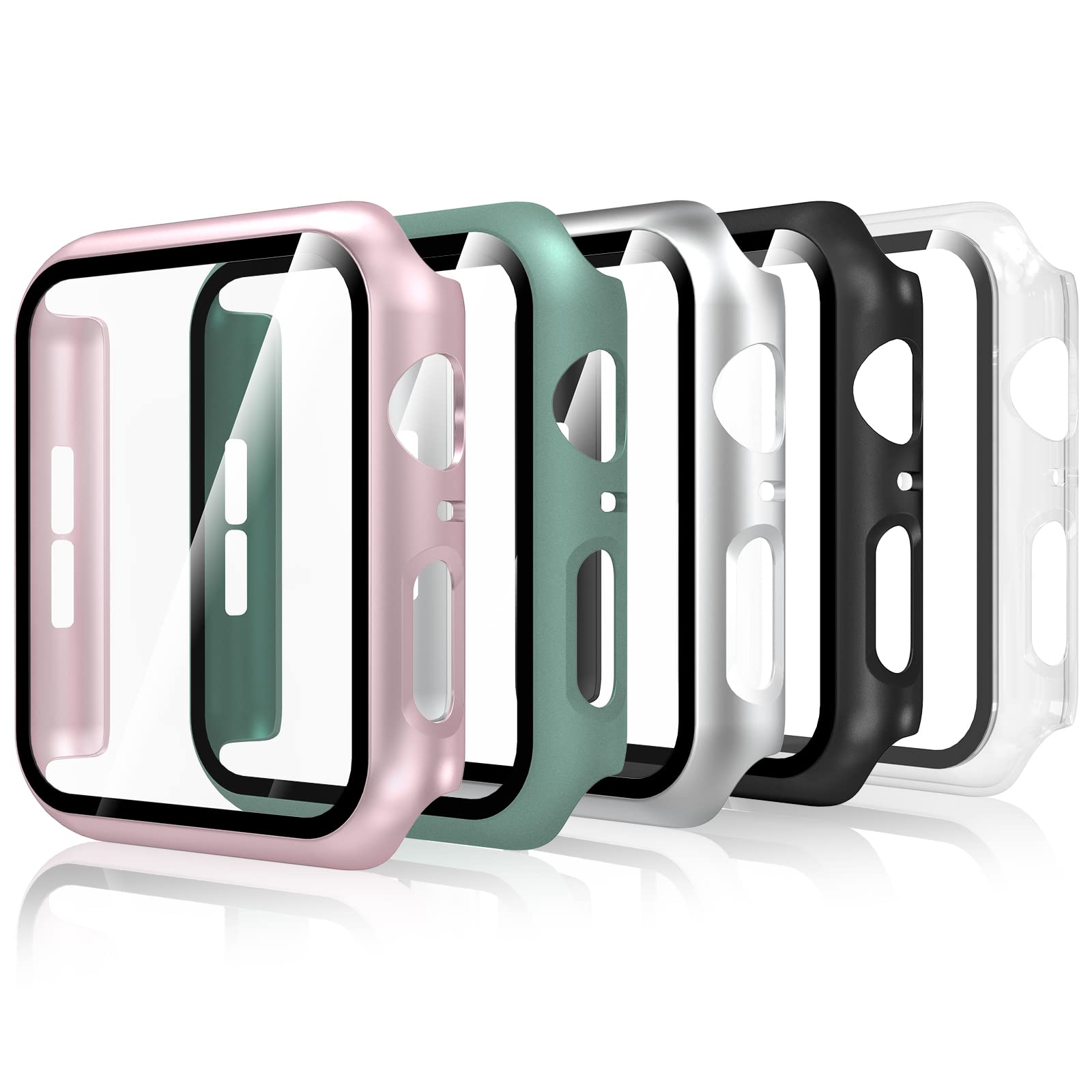 5 Piece Case Compatible with Apple Watch Series 6/5/4 SE/SE2/SE3 40 mm, Full Protection Tempered Screen Protector, Anti-Scratch, Transparent, Black, Silver, Pink, Official - Image 1