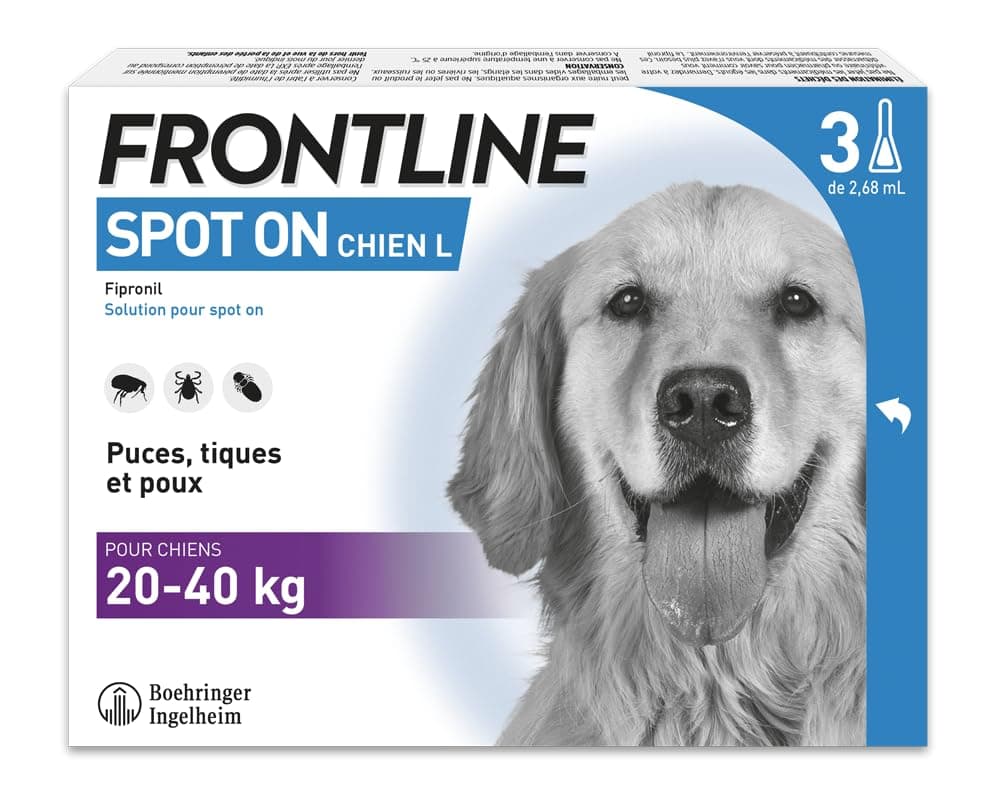 Frontline Spot-on Chien - Anti Puces, Tiques & Poux Broyeurs - Protège Pendant 8 Semaines Contre Les Puces/4 Semaines Contre Les Tiques - pour Chien 20 à 40 kg - Fabriqué en France - 3 Pipettes
