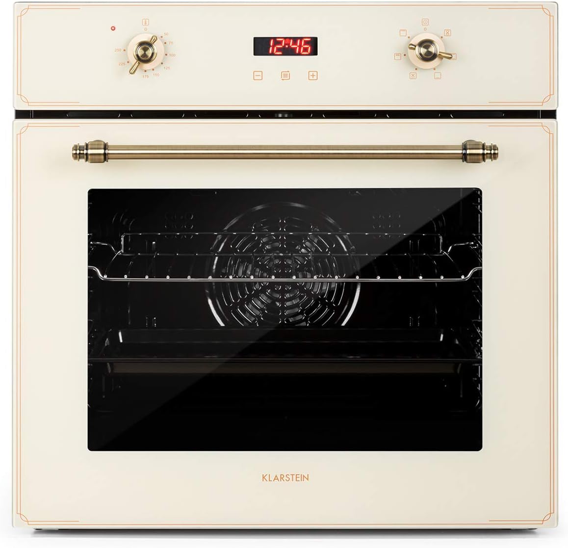 KLARSTEIN Elizabeth - Four électrique encastrable, style rétro, 70L, CEE A, indépendant, convection/chaleur voûte/sole/gril, 2200W, 50-250 °C, bouton rotatif et poignée aspect laiton - crème - Image 1