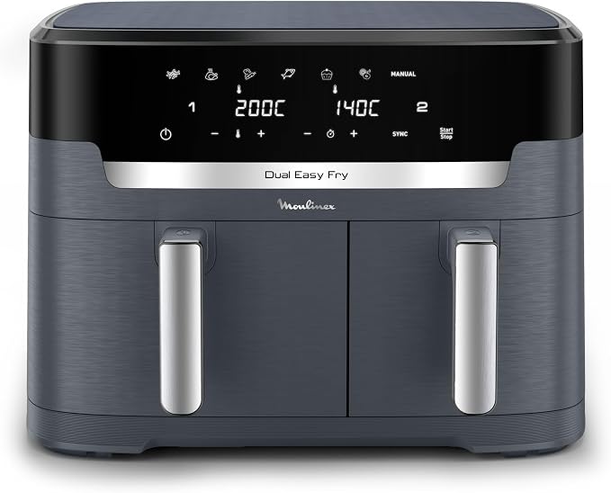 Moulinex air fryer two compartments, very large capacity 11L, 10 people, 7 automatic programs, oil-free fryer, digital touch screen, dual stainless steel, EZ942BF0, dark grey - Image 1