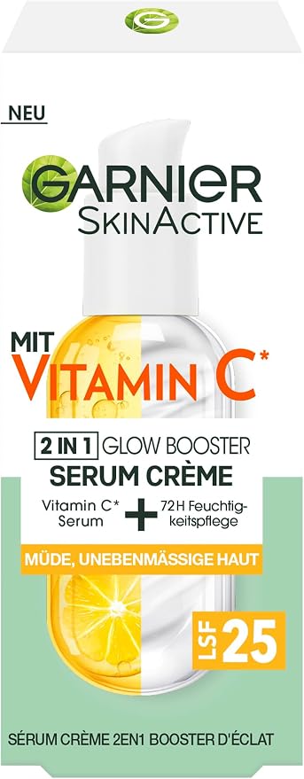 Garnier Skin Active Skin Serum Cream for Tired Skin and Dark Spots, 2-in-1 Day Care for Extra Shine and Even Complexion, with Vitamin C, Skin Active 50 ml - Image 1