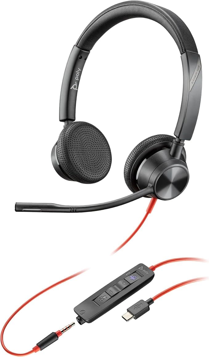 Poly Blackwire 3325 Wired Headset - Flexible Microphone Boom - Hi-Fi Stereo Sound - PC/Mac/Mobile Phone - Certified for Microsoft Teams