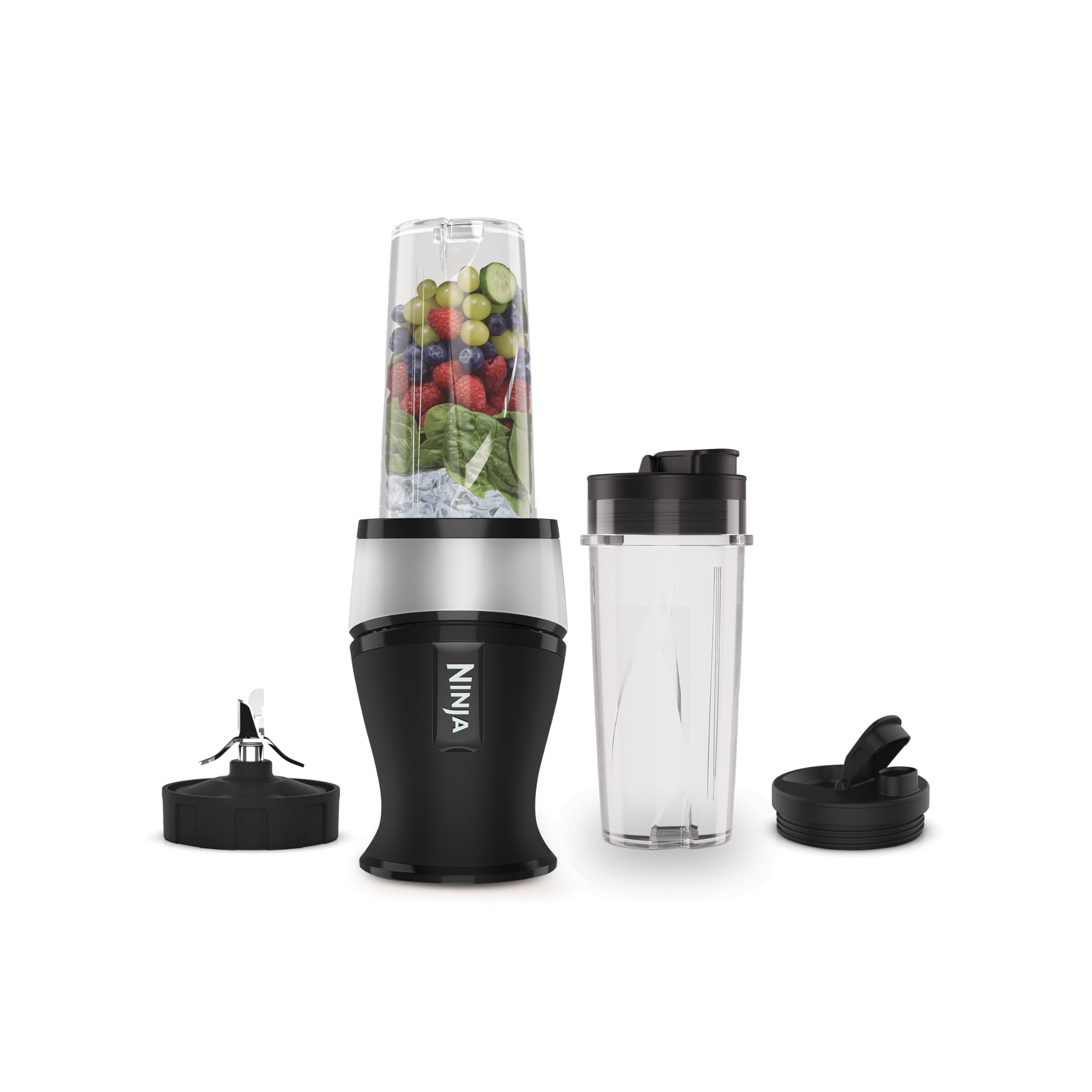 Ninja 700W Slim Blender and Smoothie Maker, 2x 470ml Cups with Spout Lids, Personal Blender, Crushes Ice and Frozen Fruit, Silver/Black QB3001EUS - Image 1