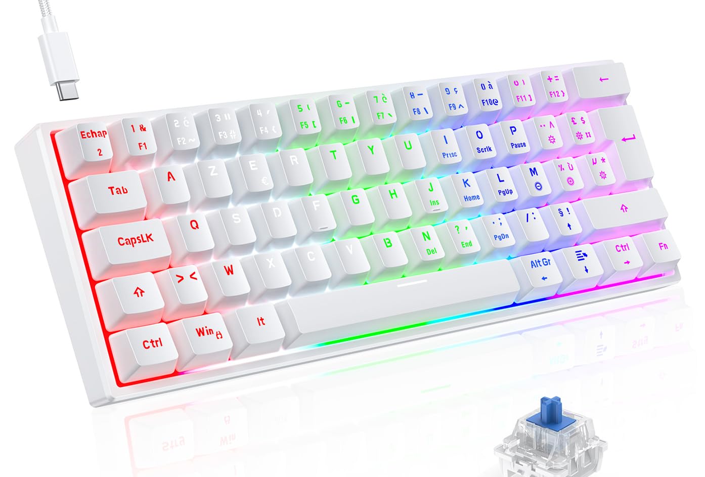 TECURS AZERTY Mechanical Gaming Keyboard, Wired Gaming Keyboard, 60% Mini LED Backlit Keyboard, Anti-Ghosting, Blue Switches for PC/Windows/PS4/PS5, White - Image 1