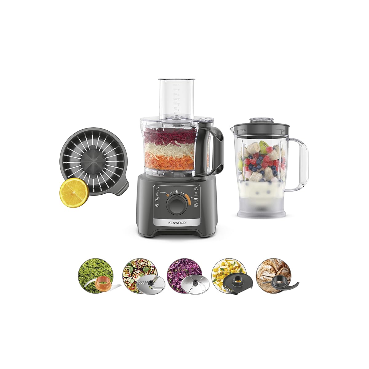 Kenwood MultiPro Compact FDP31.360GY, Food Processor, Kneading and Slicing Disc, Citrus Press, Blender 1.2L, 2 Speeds + Pulse, Bowl 2.1L, 800W, Grey - Image 1