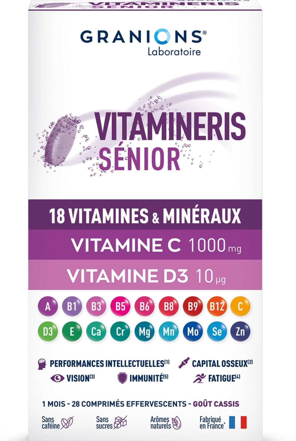 Granions Vitamineris Senior 1000mg - 28 Effervescent Tablets = 1 Month - Special for 50 Years and Above - Cognitive Functions - Immunity - 20 Vitamins, Minerals and Active - Made in France