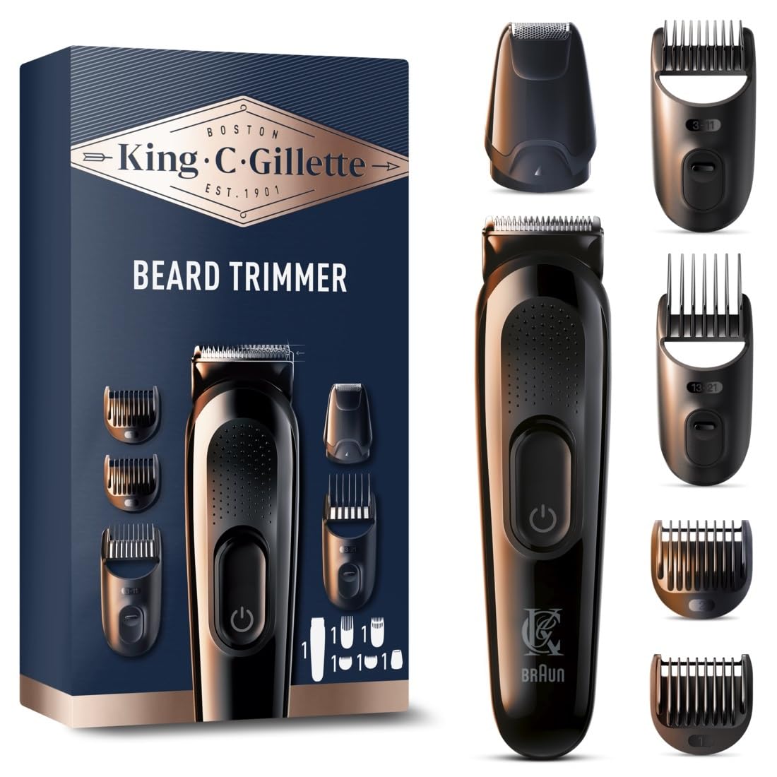 Gillette King C Electric Trimmer for Men, Cordless with Sharpened Blades Wear-Resistant and Washable Head, Set with 4 Different Combs for 3 Day Beard Shaving, Short, Medium and Long - Image 1