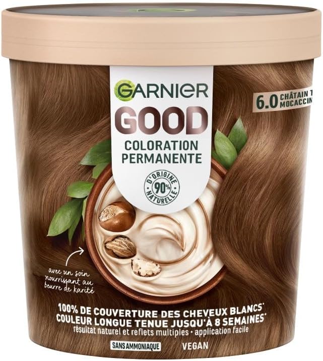 Garnier - Coloration Permanente - Sans Ammoniaque - 90% d'Ingrédients d'Origine Naturelle - Formule Vegan - Beurre de Karité - 100% Couverture Cheveux Blancs - Châtain Très Clair Mocaccino (6.0)- Good - Image 1