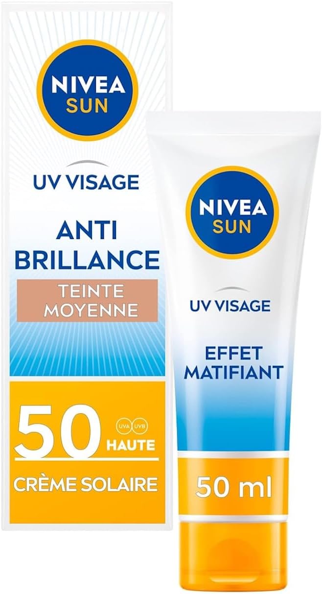 NIVEA SUN - Crème UV Visage Anti-Brillance Teintée FPS 50 - Protection UVA/UVB - Hydrate, Protège & Matifie - Antioxydant - Sans Silicone - Non Collant - Peaux Normales À Mixtes - Medium - 50 ml - Image 1