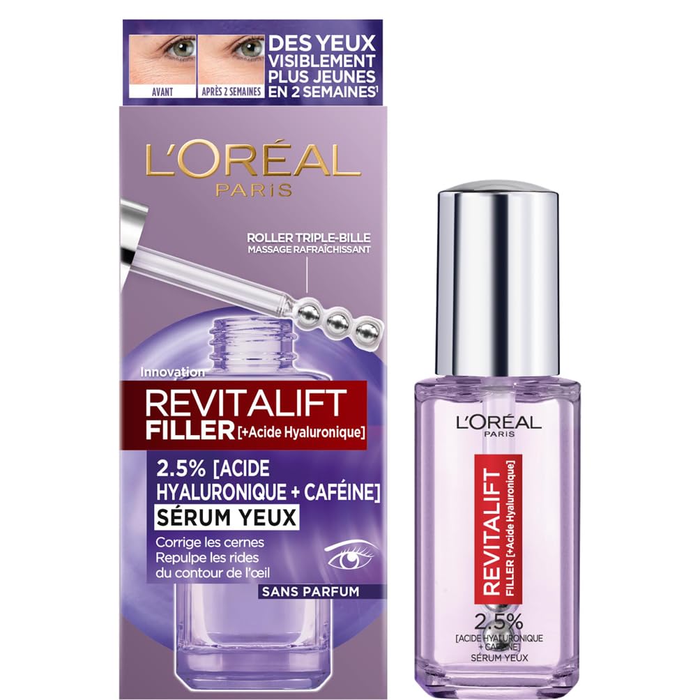 L'Oréal Paris - Eye Serum - Anti-Wrinkle, Anti-Puffiness & Concealer - With Pure Hyaluronic Acid and Caffeine - Innovative Triple-Ball Tip - Revitalift Filler - 20ml - Image 1