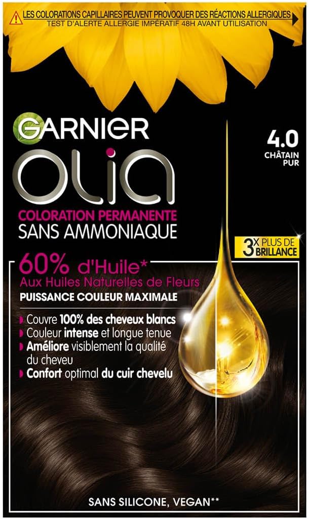 Garnier Coloration Permanente - Sans Ammoniaque - Aux Huiles Naturelles de Fleurs - Châtain Pur (4.0) - Olia - Image 1
