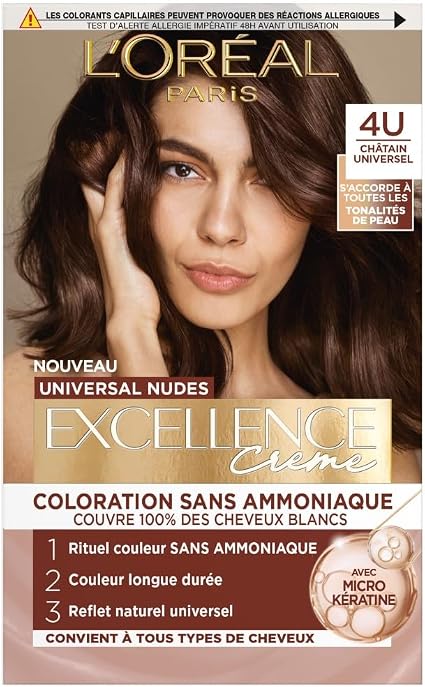 L'ORÉAL PARIS - Permanent Hair Colour - Long-Lasting - Natural & Luminous Result - 100% Coverage of White Hair - Excellence Crème Universal Nudes - Shade : Universal Brown (4U) - Image 1