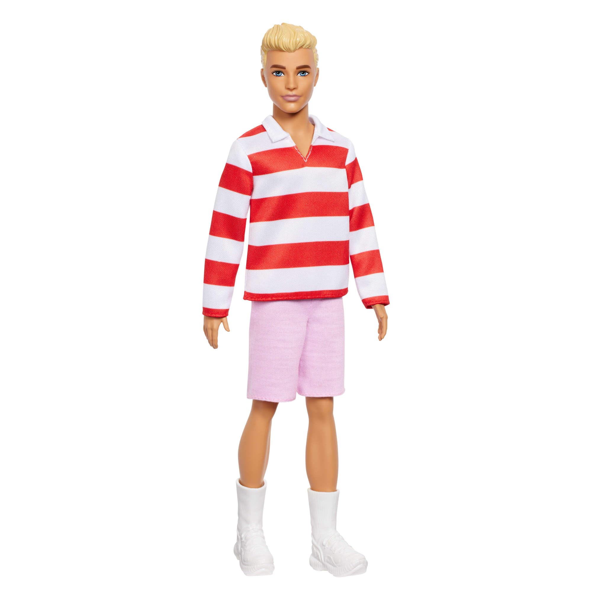 Barbie Ken Fashionistas Doll with Blonde Hair, Wearing Red and White Striped Polo Shirt with Pink Shorts, White Sports Socks and Sneakers, HYV01 - Image 1