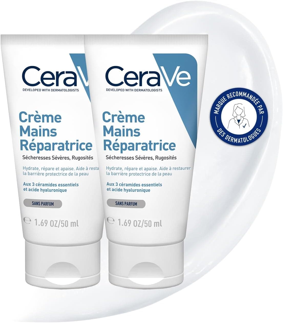 CeraVe - Crème Mains Réparatrice - Nourrit & Hydrate 24 h - Répare & Apaise - Acide Hyaluronique + 3 Céramides Essentiels - Sans Parfum - Peau Très Sèche, Gercée, Abîmée - 2 x 50 ml