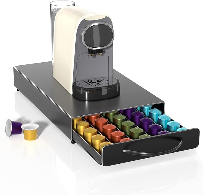 Capsule Holder for Nespresso 45 Pieces, Capsule Drawers Storage with Metal Stand, Large Non-Slip Pod Holder with Anti-Vibration Surface for Home, Office, Coffee - Image 1
