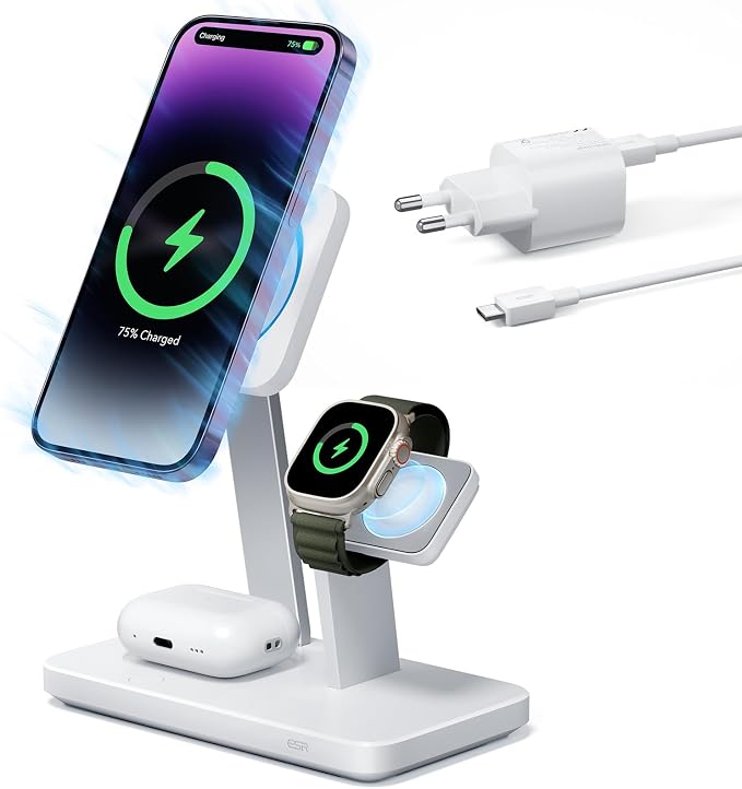 ESR 25W MagSafe 3 in 1 Charger, Apple Certified Magnetic Wireless Charger, 15W MagSafe Fast Charging Station for iPhone 17/16/15/14/13/Apple Watches/AirPods 4/3, Anti-Overheat Charger - Image 1