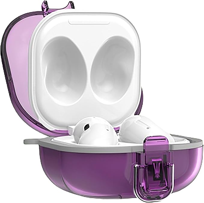 GIOPUEY Hard Case Compatible with Samsung Galaxy Buds FE/Buds Pro/Buds Live/Buds 2/Buds 2 Pro, Clear PC Case with Locking Lid and Hook Keychain - Purple - Image 1