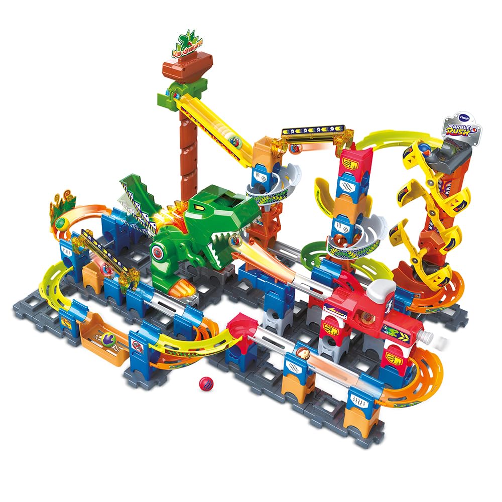 VTech - Marble Rush, Electronic Ball Circuit Dino Adventure Magnetic Set XL400E, Dinosaur Magnetic Building Set, 100 Pieces, 10 Balls, Gift for Children from 4 Years Old - Image 1