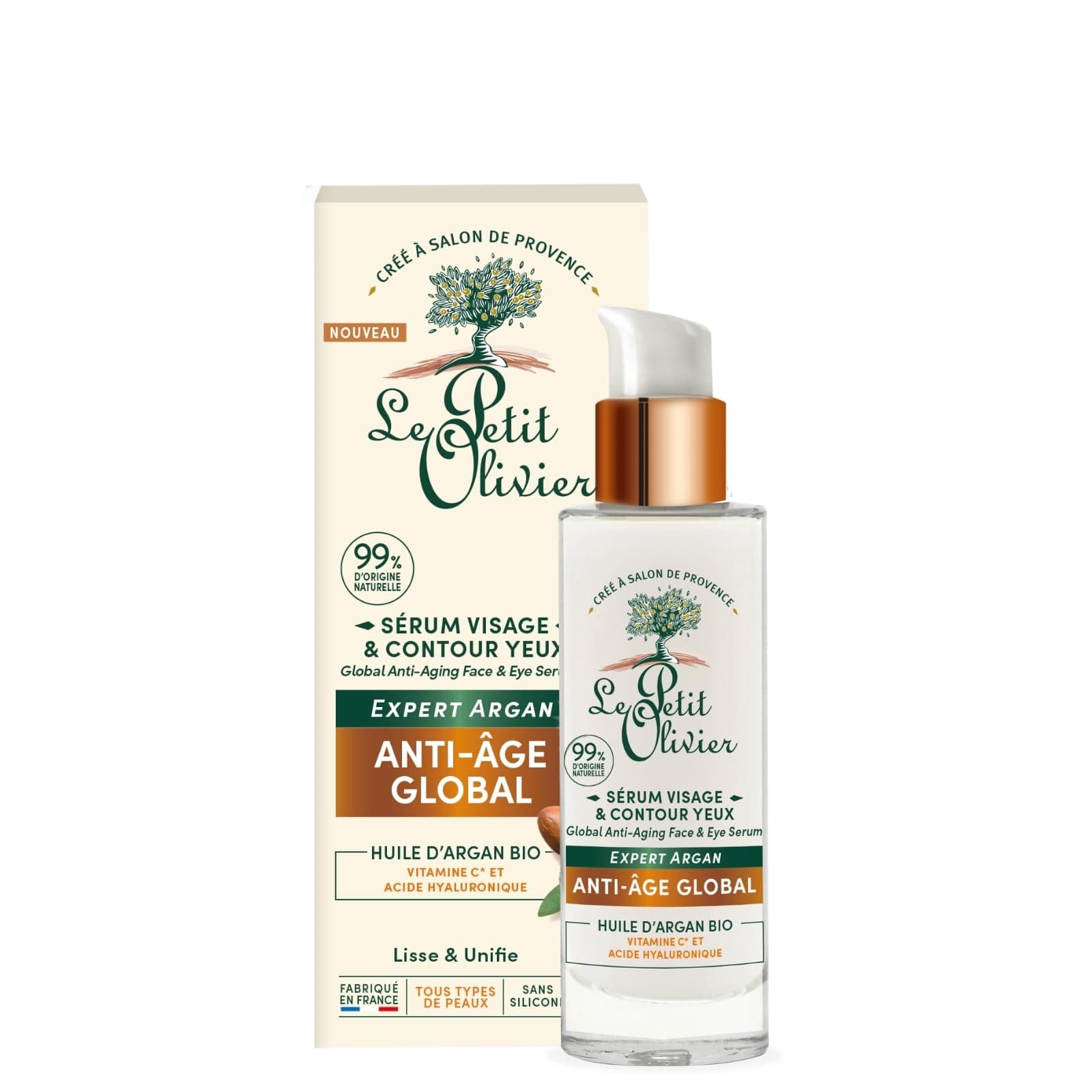 LE PETIT OLIVIER - Sérum Visage & Contour des Yeux Anti-Âge - Huile d'Argan, Vitamine C & Acide Hyaluronique- Lisse & Unifie- Tous Types De Peaux - 99% D'Origine Naturelle - Fabriqué en France - 30 ml