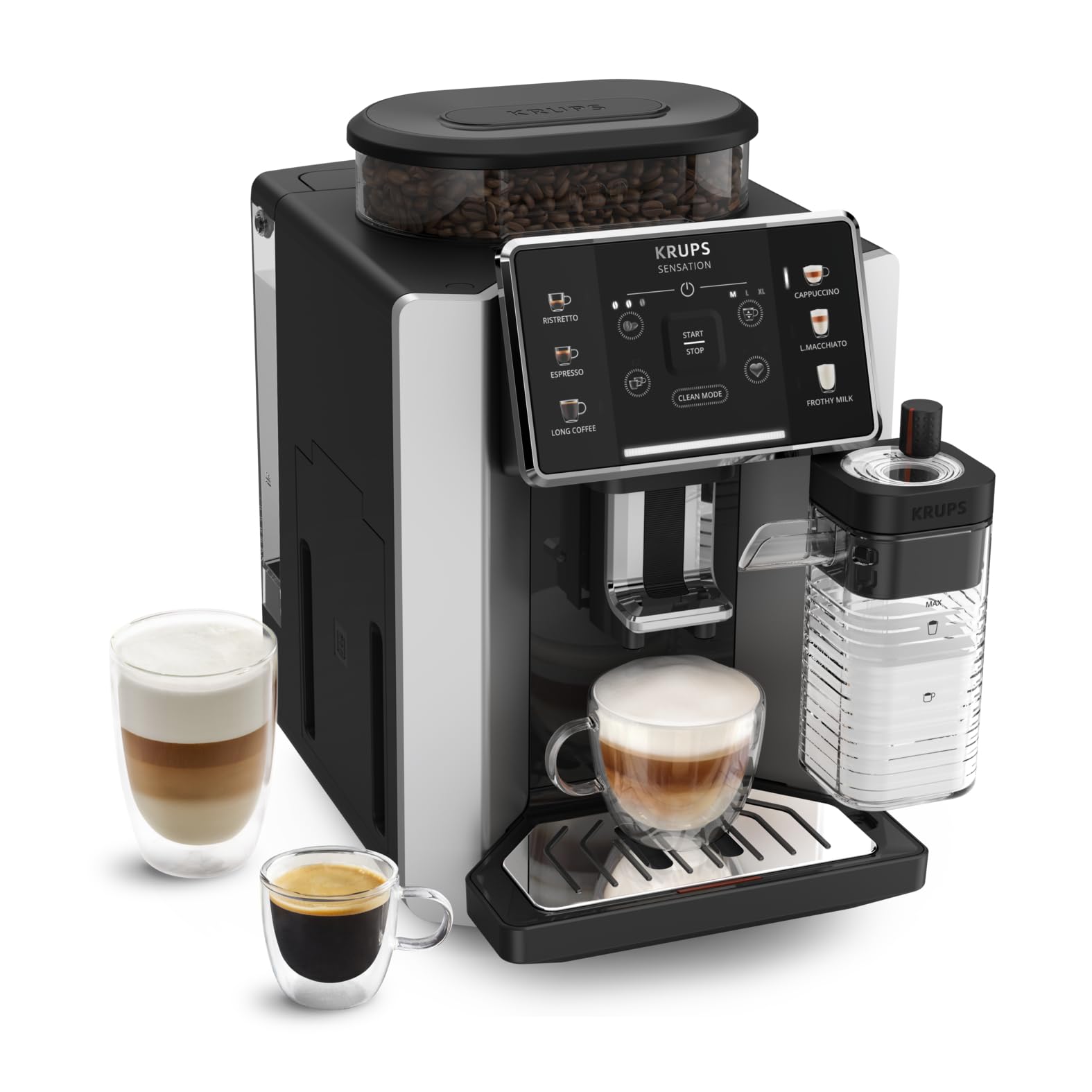 Krups Sensation Milk, Coffee bean machine, Automatic espresso, 6 drinks, Cappuccino milk jug, Touch interface, Automatic cleaning, Silver, EA912E10 - Image 1