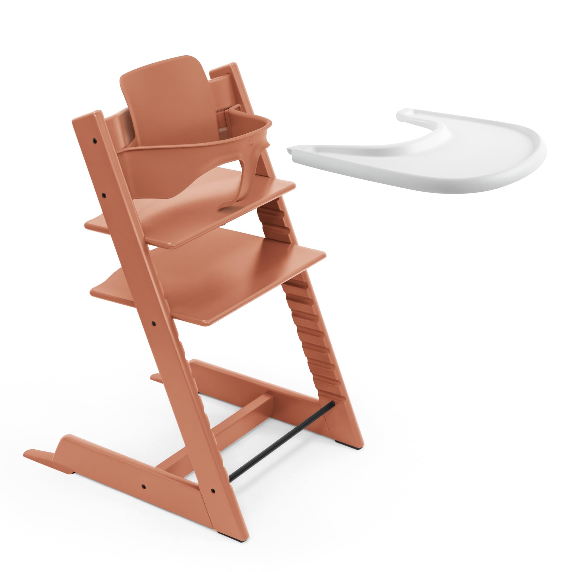 Stokke Tripp Trapp High Chair (Terracotta) with Stokke Tray (White) - Includes Chair + Baby Set 2 for 6-36 Months - Adjustable, Ergonomic and Easy to Clean - Image 1