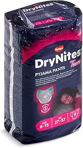 Huggies DryNites Girls Pajama Pants Size 8-15 Years Underwear, Discreet Nightwear with Captivating Patterns, Maximum Protection Against Bedwetting for Teenage Girls, 9 Count (Pack of 1) - Image 1