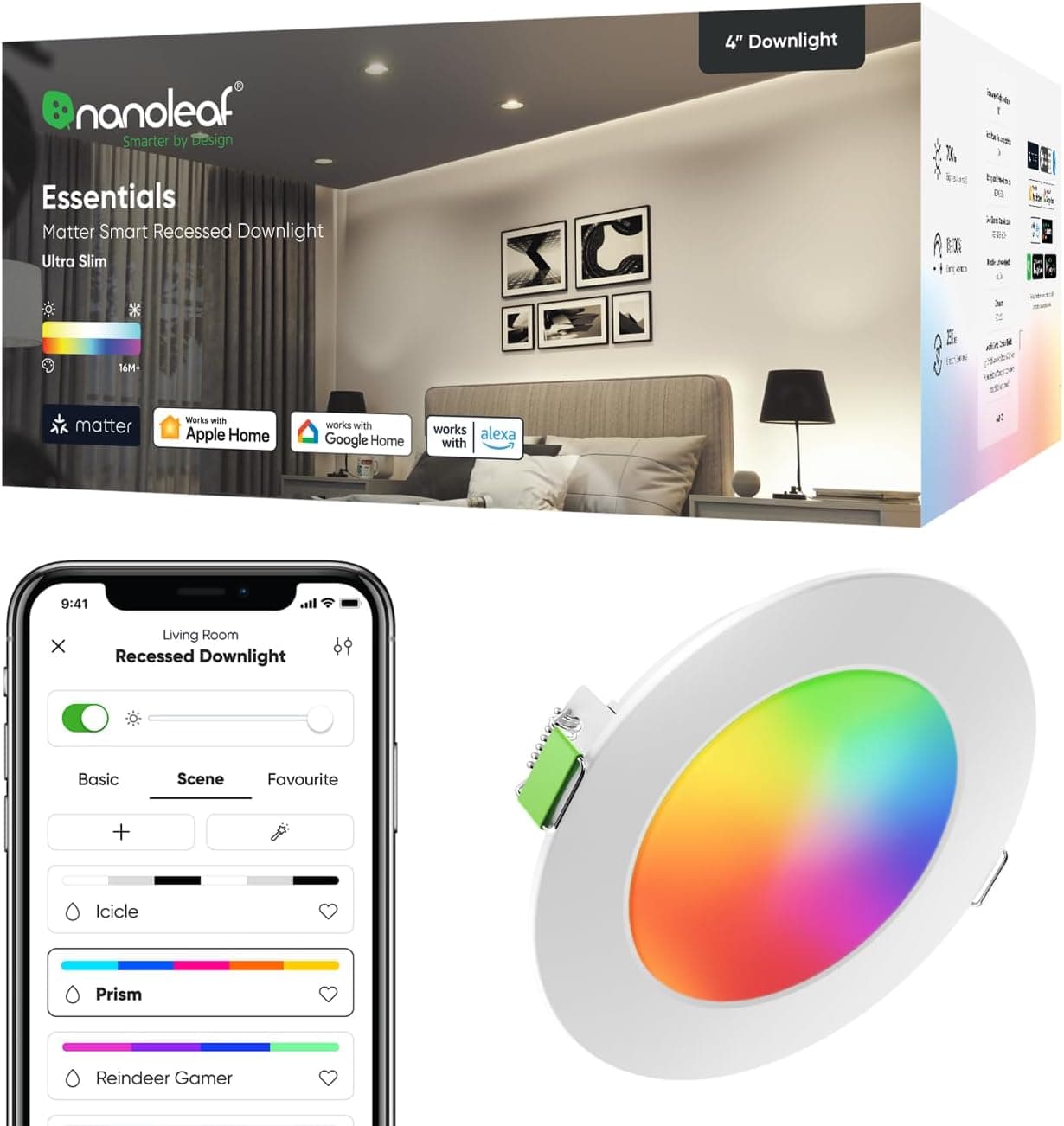 Nanoleaf Ampoule Connectée WiFi LED Spots Encastrés,Compatible Alexa/Google Home/App, Intelligente Dimmable Ampoule Multicolore 550LM 1200K-6500K, Découpe 75–85 mm