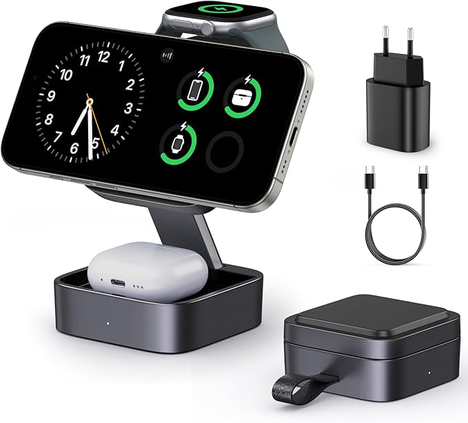 3-in-1 Charging Station for Apple, Magnetic Foldable Fast Travel Charger Compatible Mag-Safe for iPhone Air/17/16/15/14/13/12 Series, Apple Watch & Air-Pods Pro/4/3/2 - Image 1